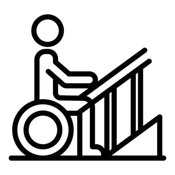 Silla de ruedas para discapacitados en el icono de las escaleras, estilo de esquema — Vector de stock