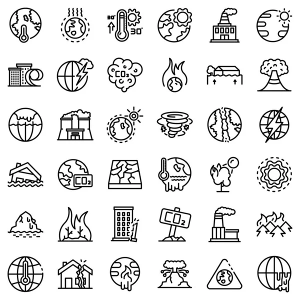 Global warming icons set, outline style - Stok Vektor