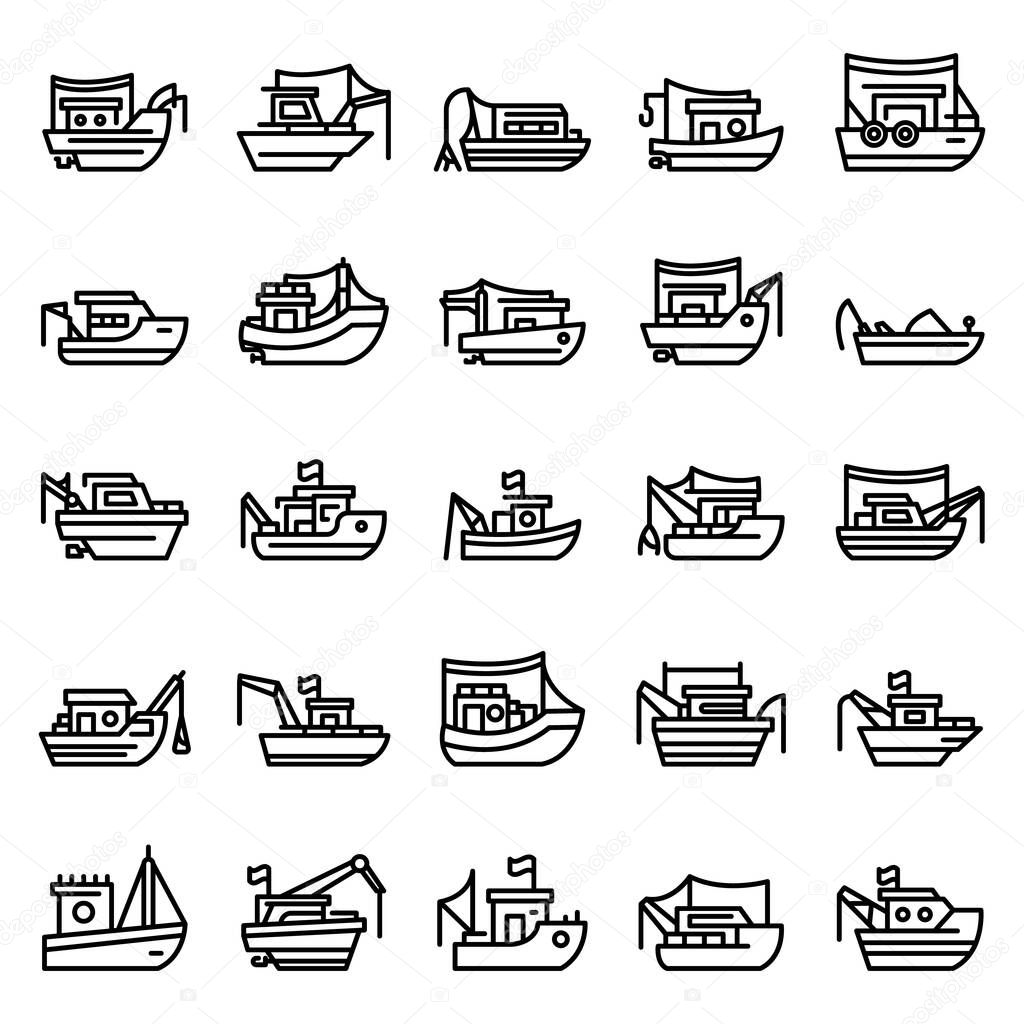 Fishing boat icons set, outline style