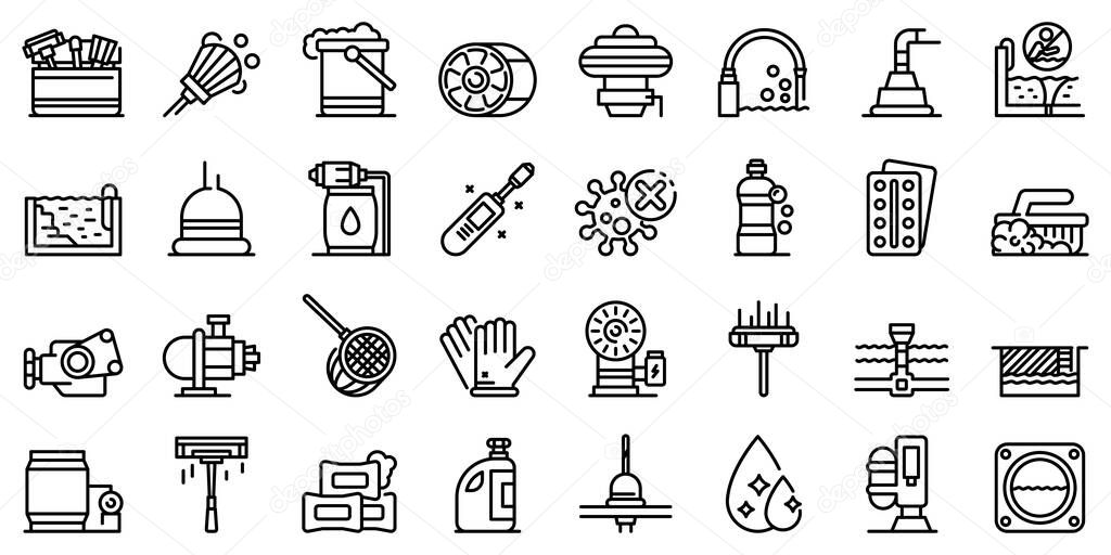 Pool cleaning icons set, outline style