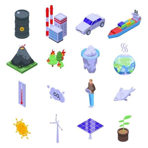Conjunto de iconos de calentamiento global, estilo isométrico — Vector de stock