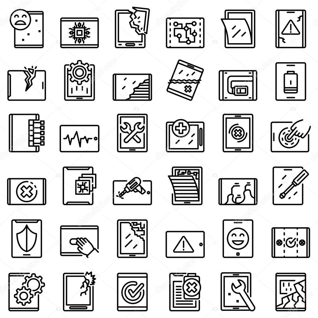 Tablet repair icons set, outline style