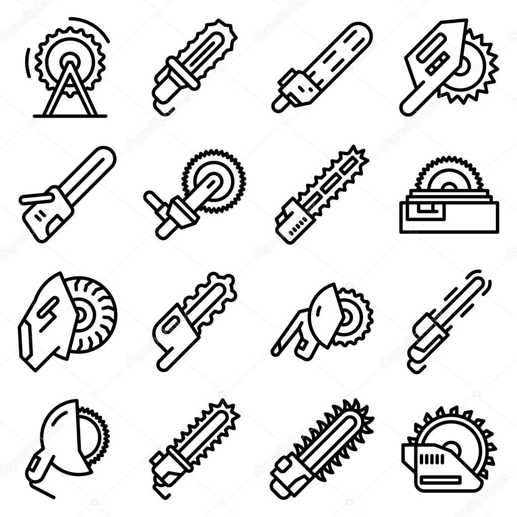 Electric saw icons set, outline style