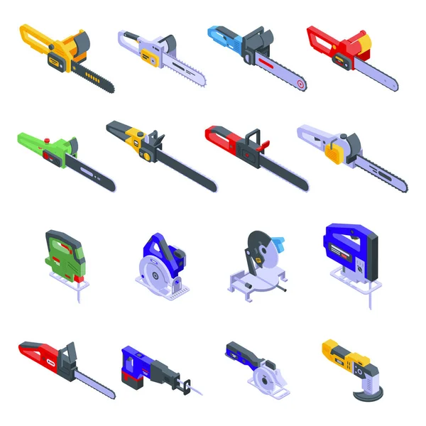 Conjunto de iconos de sierra eléctrica, estilo isométrico — Vector de stock