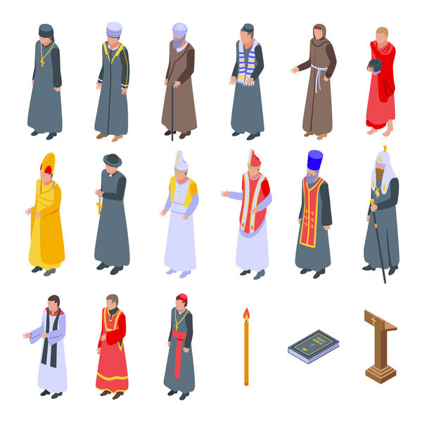 Priest icons set, isometric style