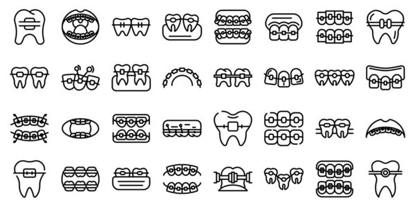 Tooth braces icons set, outline style