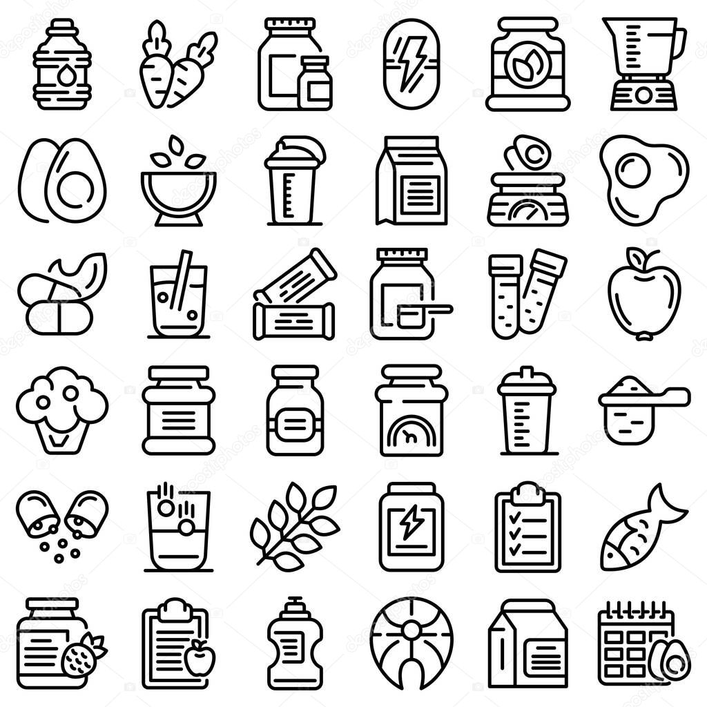 Sports nutrition icons set, outline style