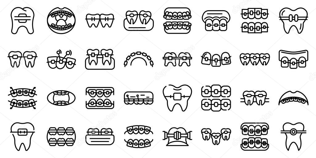 Tooth braces icons set, outline style