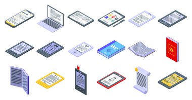 E-kitap uygulama simgeleri ayarlandı, izometrik biçim