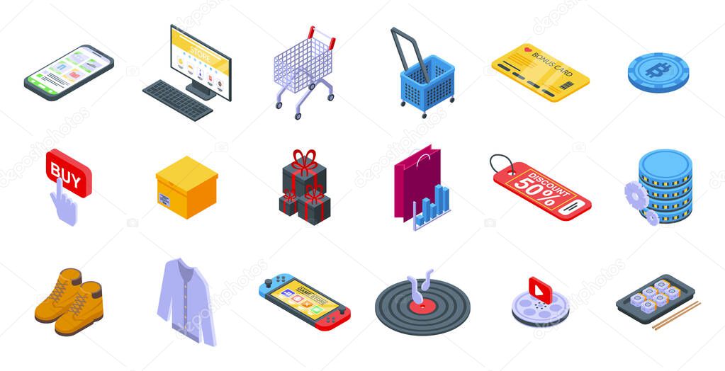 Online shopping icons set, isometric style