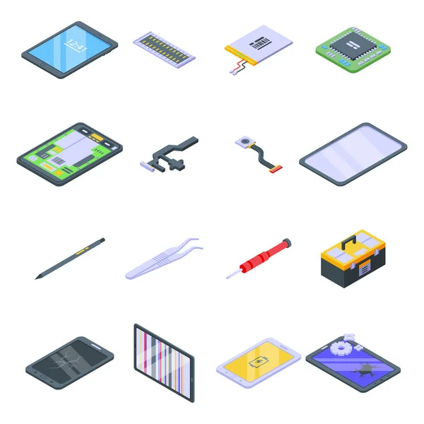 Conjunto de iconos de reparación de tabletas, estilo isométrico — Vector de stock