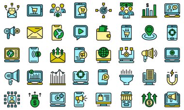 Çevrimiçi pazarlama simgeleri vektörü düzleştirdi