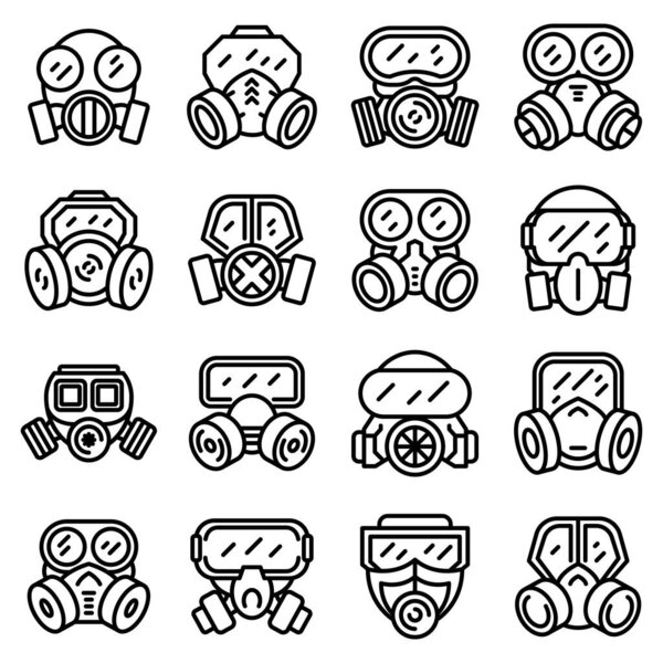 Gas mask icons set, outline style