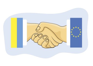 Vektör Illustration. Mavi arka planda Ukrayna ve Avrupa Birliği bayrakları ile iki el vardır. El sıkışma. Ukrayna ve AB arasında işbirliği ve dostluk sembolü. 