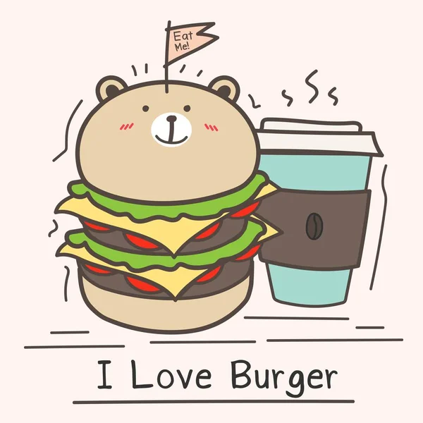 我爱汉堡概念与可爱的熊汉堡和咖啡杯 — 图库矢量图片