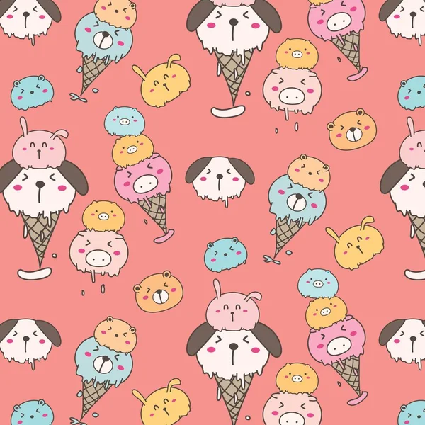 Cute Animal Ice Cream Pattern Background Hand Drawn Vector Illustration — Stock Vector
