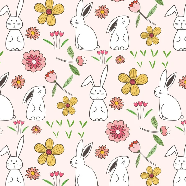 ウサギと花パターン背景 ベクトル図 — ストックベクタ