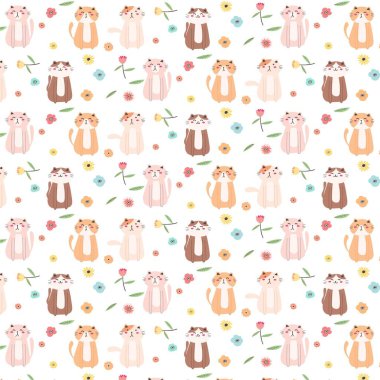 Şirin kedi ve çiçek desenli arka plan. Vektör çizim.