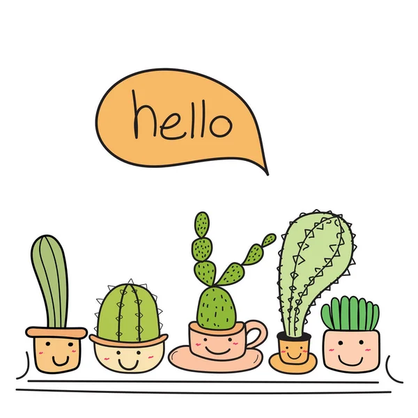 Cactus Bonito Com Cara Feliz Dizer Olá Conjunto Ilustração Vetorial —  Vetores de Stock