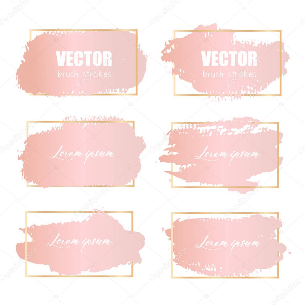 Rose pink brush stroke, Pink gold grunge brush strokes. Vector illustration.