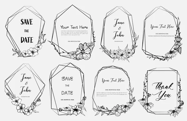 Dizi Geometrik Çerçeve Elle Çizilmiş Çiçekler Botanik Kompozisyon Düğün Kartı — Stok Vektör