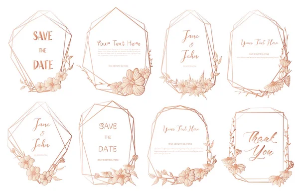 幾何学的なフレーム 手描き花 植物組成 ウェディング カード 招待状のベクトル図の装飾的な要素のセット — ストックベクタ