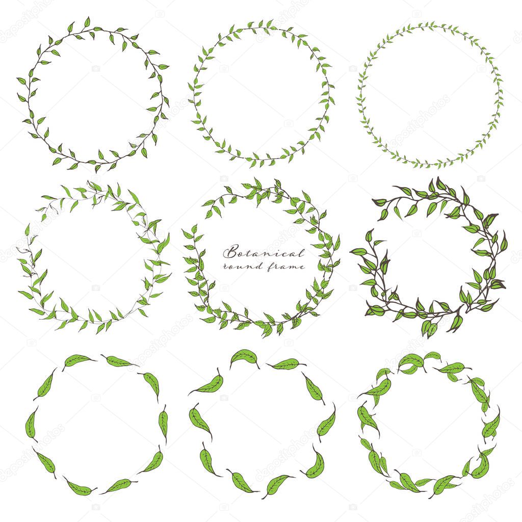 Set of botanical round frame, Hand drawn flowers, Botanical composition, Decorative element for Invitations card. Vector illustration.