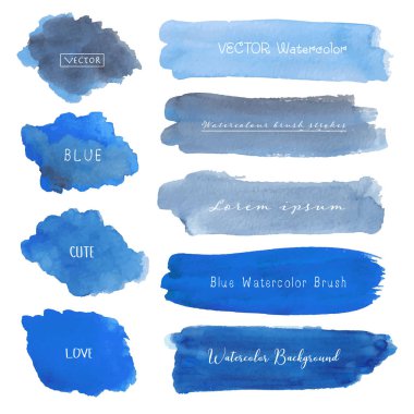 Beyaz arka plan, fırça konturu suluboya, vektör çizim üzerine mavi suluboya kümesi.