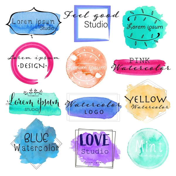 Conjunto Logotipo Aquarela Conjunto Design Logotipo Feminino Ilustração Vetorial Colorida —  Vetores de Stock