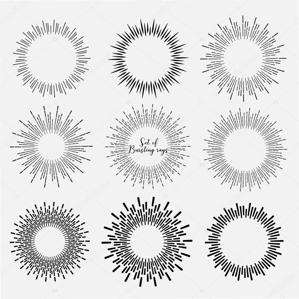 Set of sunburst style isolated on white background, Bursting rays vector illustration.