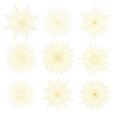 Beyaz arka plan üzerinde izole altın sunburst tarzı ayarla, patlama ışınları illüstrasyon vektör.