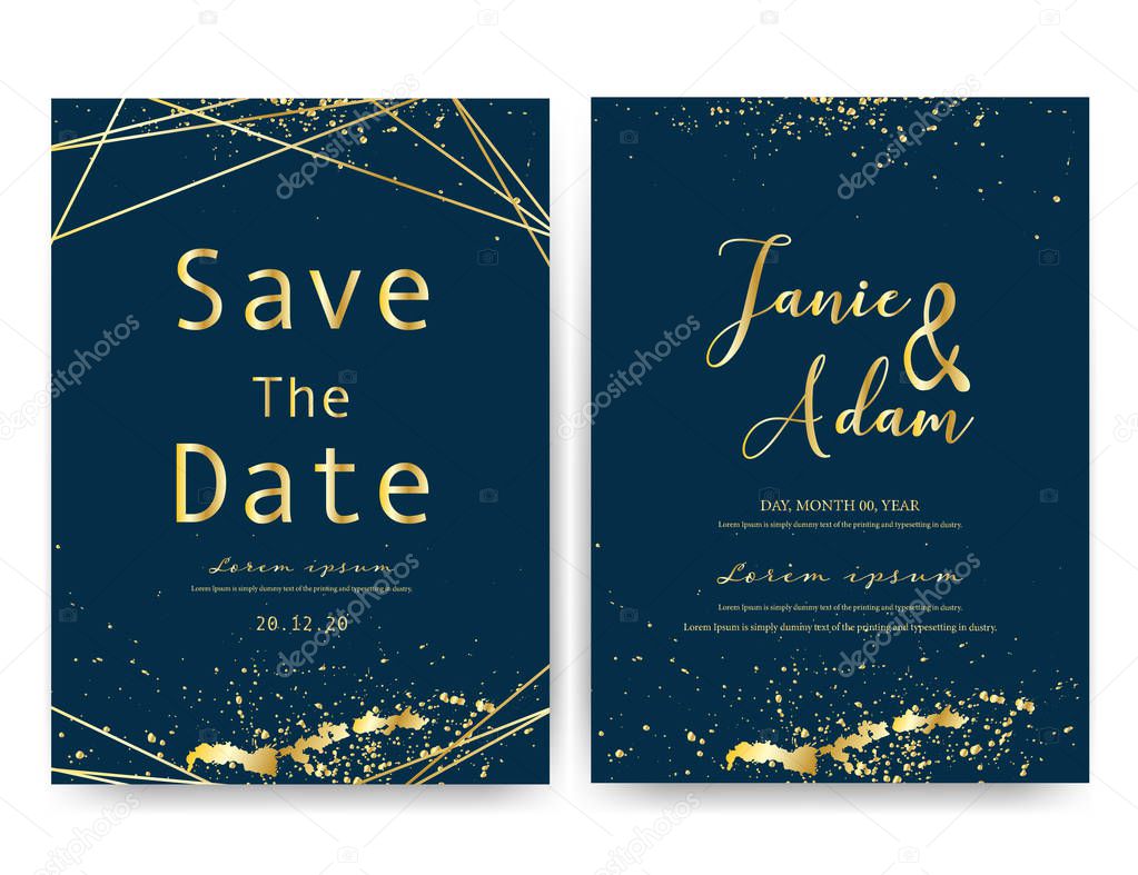 Wedding invitation card, Save the date wedding card, Modern card design with golden geometric and brush stroke, Vector illustration.