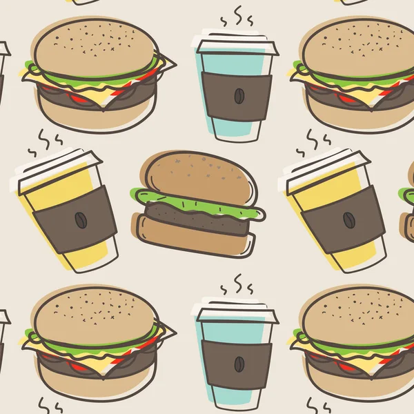 Hand Drawn Fast Food Burgers Pattern Background Vector Illustration — Stock Vector