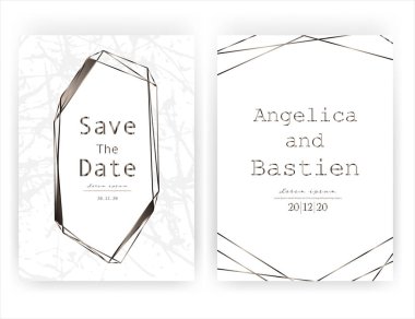 Düğün daveti kartı, tarih düğün kartı Kaydet, geometrik ve fırça inme ile modern kart tasarımı, vektör illüstrasyon.