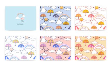 Sevimli gökkuşağı ve şemsiye ile sorunsuz desen ayarlayın. Vektör çizim arka planı.