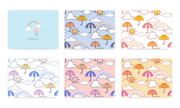 Set Van Naadloze Patroon Met Schattige Regenboog Paraplu Vector Illustratie — Stockvector