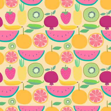 Kusursuz bir desen ve meyve arkaplanı. Hediye paketi tasarımı için vektör illüstrasyonları.
