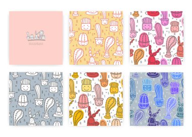 Sevimli sorunsuz kaktüs desen arka plan kümesi. Hediye paketi tasarımı için vektör çizimleri.