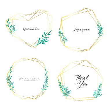 Yaprakları suluboya ile geometrik çerçeve seti, Botanik kompozisyon, düğün kartı için dekoratif unsur, Davetiyeler Vektör illüstrasyon.