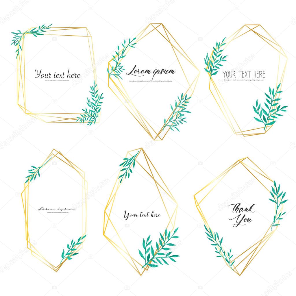 Set of geometric frame with leaves watercolor, Botanical composition, Decorative element for wedding card, Invitations Vector illustration.