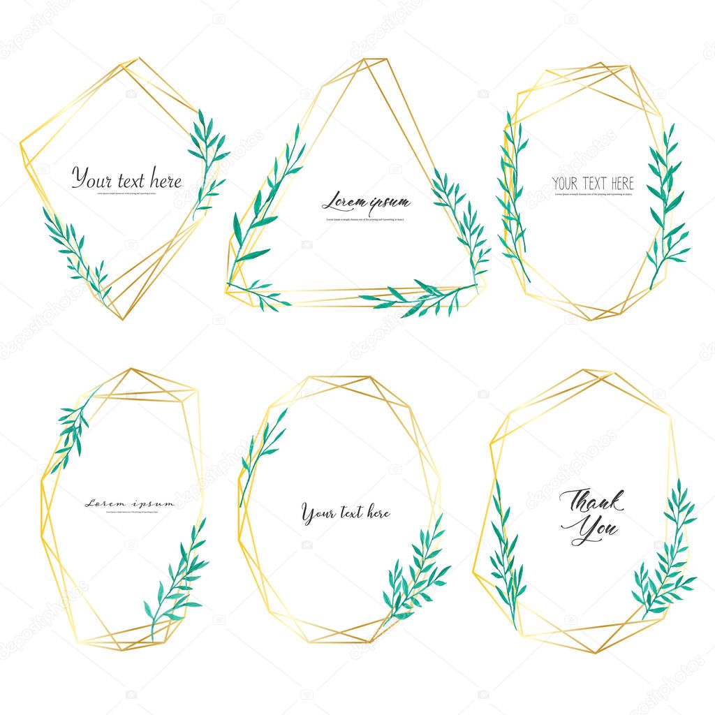 Set of geometric frame with leaves watercolor, Botanical composition, Decorative element for wedding card, Invitations Vector illustration.