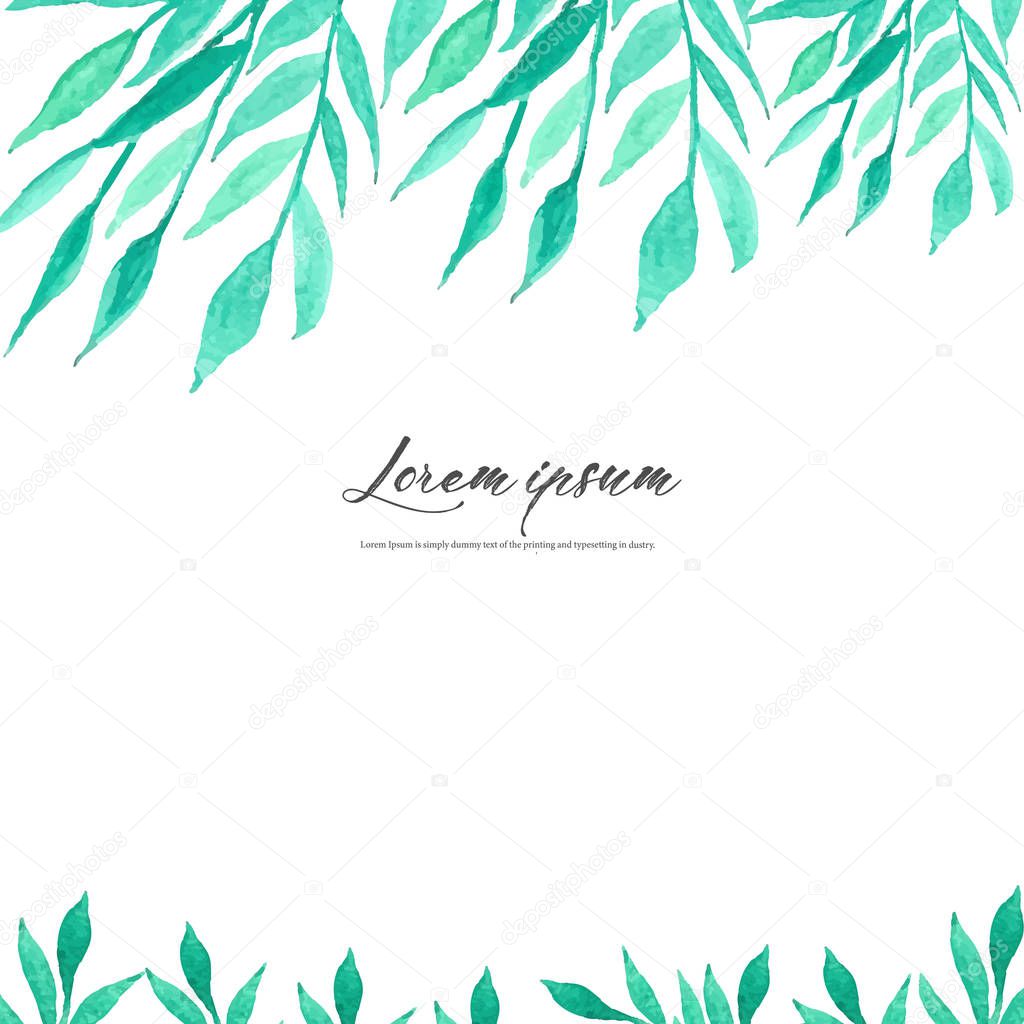 Watercolor leaves on white background. Minimalistic vector frame with leaves watercolor. Botanical composition, Decorative element for wedding card, Invitations Vector illustration.