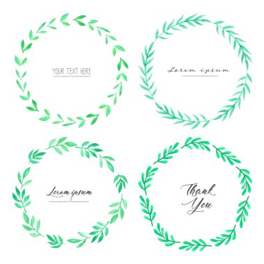 Yaprakları suluboya daire çerçeve, yaprakları suluboya ile Minimalist vektör çerçeve, Botanik kompozisyon, düğün kartı için dekoratif unsur, Davetiyeler Vektör illüstrasyon.