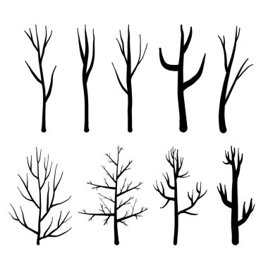 Ağaçlar siluetleri koleksiyonu, beyaz arka planda ayarlanan Izole çıplak ağaçlar. Vektör Illustration.