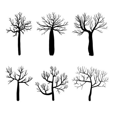 Ağaçlar siluetleri koleksiyonu, beyaz arka planda ayarlanan Izole çıplak ağaçlar. Vektör Illustration.
