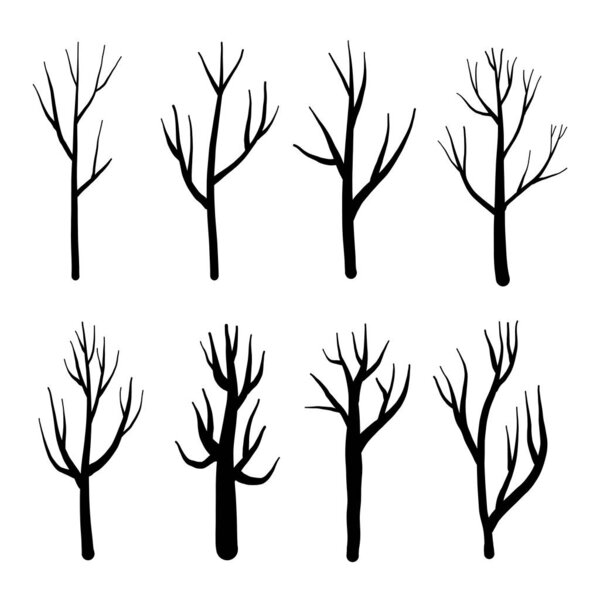 Collection of trees silhouettes, Isolated naked trees set on white background. Vector illustration.