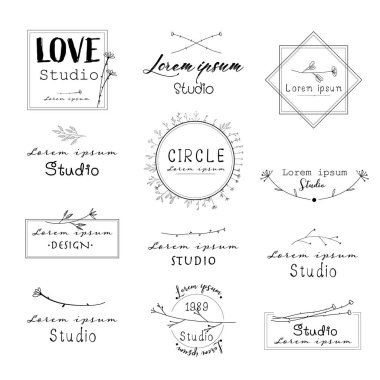 Kadınsı logosu, elle çizilmiş çiçekler, botanik dekoratif unsur, vektör çizim.