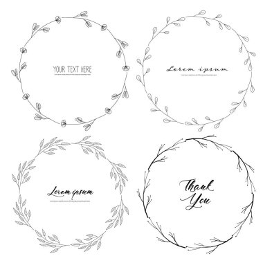 Botanik yuvarlak çerçeve seti, el çizilmiş çiçekler, botanik kompozisyon, davetiye kartları için dekoratif eleman, vektör illüstrasyon.