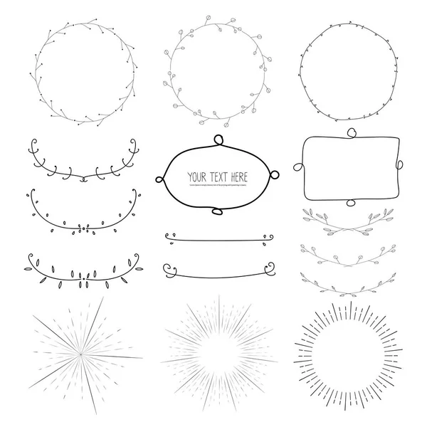 Sammlung Von Handgezeichneten Dekorativen Kalligraphischen Elementen Platzenden Strahlen Kränzen Botanischem — Stockvektor