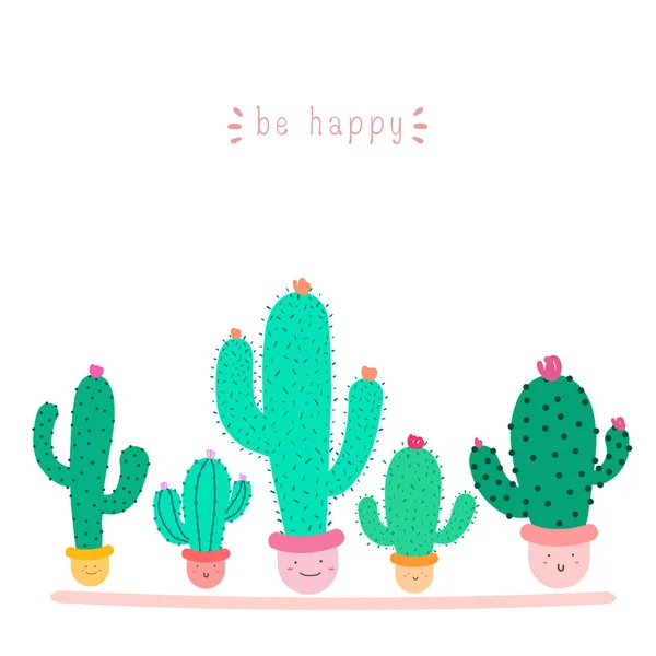 Plante Cactus Mignon Avec Des Visages Heureux Dans Des Pots — Image vectorielle